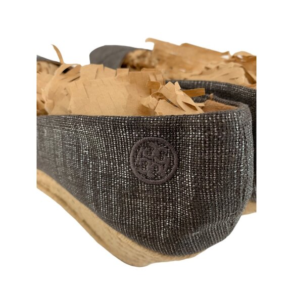 Tory Burch 11B Pewter Metallic Espadrille Wedge Heels Spain EUC 7968 Linen Peep - Picture 3 of 11